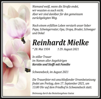 Traueranzeige von Reinhardt Mielke  von Magdeburger Volksstimme