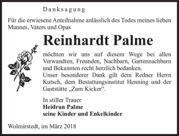 Traueranzeige von Reinhardt Palme  von Magdeburger Volksstimme