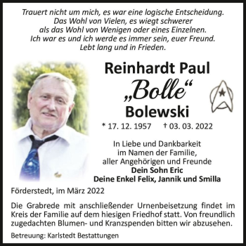 Traueranzeige von Reinhardt Paul 