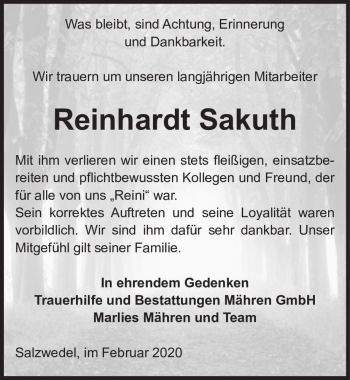 Traueranzeige von Reinhardt Sackuth  von Magdeburger Volksstimme