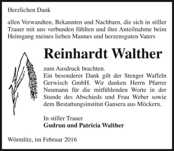 Traueranzeige von Reinhardt Walther  von Magdeburger Volksstimme