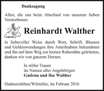 Traueranzeige von Reinhardt Walther  von Magdeburger Volksstimme