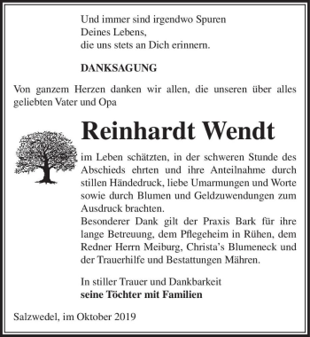 Traueranzeige von Reinhardt Wendt  von Magdeburger Volksstimme