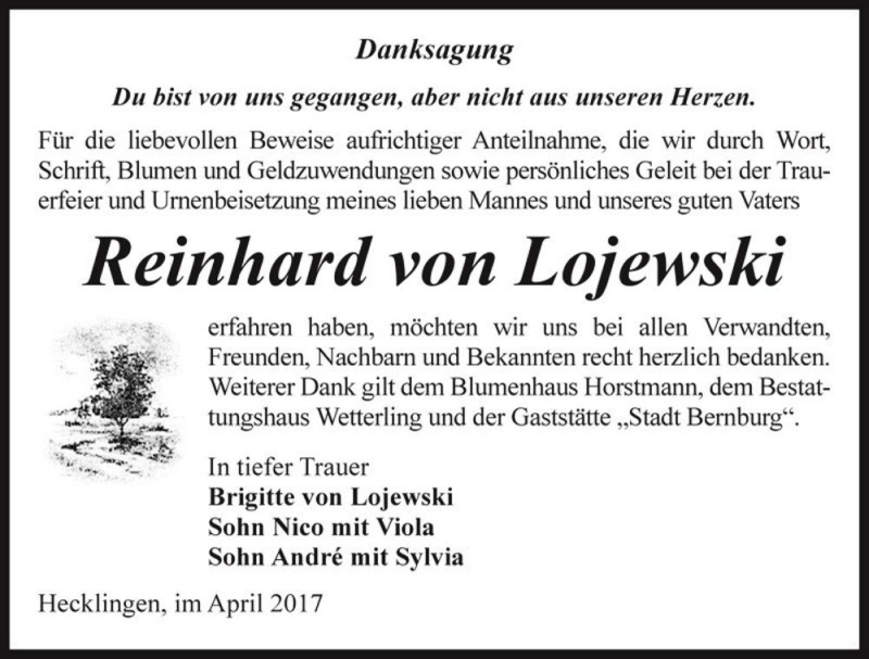  Traueranzeige für Reinhard von Lojewski  vom 15.04.2017 aus Magdeburger Volksstimme