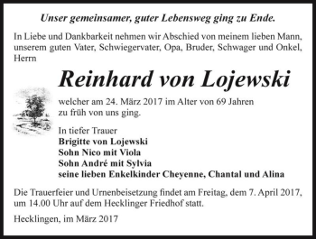 Traueranzeige von Reinhard von Lojewski  von Magdeburger Volksstimme