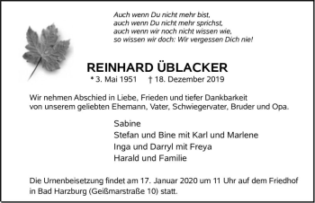 Traueranzeige von Reinhard Üblacker  von Magdeburger Volksstimme