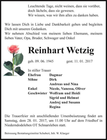 Traueranzeige von Reinhart Wetzig  von Magdeburger Volksstimme