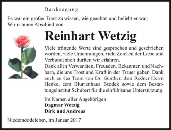 Traueranzeige von Reinhart Wetzig  von Magdeburger Volksstimme