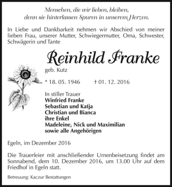 Traueranzeige von Reinhild Franke (geb. Kutz)  von Magdeburger Volksstimme