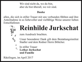 Traueranzeige von Reinhilde Jurkschat  von Magdeburger Volksstimme