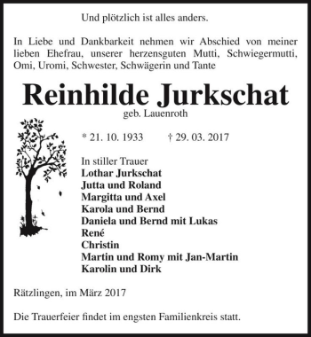 Traueranzeige von Reinhilde Jurkschat (geb. Lauenroth)  von Magdeburger Volksstimme