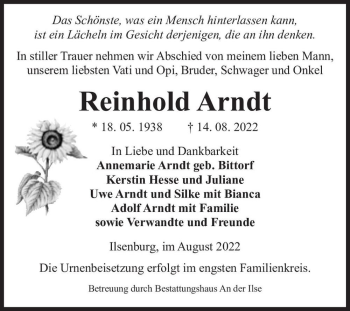 Traueranzeige von Reinhold Arndt  von Magdeburger Volksstimme