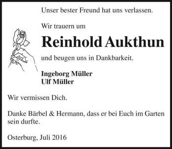 Traueranzeige von Reinhold Aukthun  von Magdeburger Volksstimme