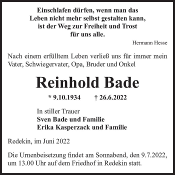 Traueranzeige von Reinhold Bade  von Magdeburger Volksstimme