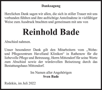 Traueranzeige von Reinhold Bade  von Magdeburger Volksstimme