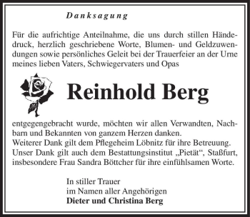 Traueranzeige von Reinhold Berg  von Magdeburger Volksstimme