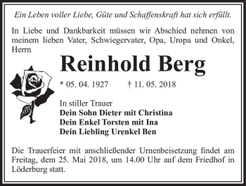 Traueranzeige von Reinhold Berg  von Magdeburger Volksstimme