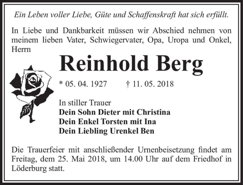  Traueranzeige für Reinhold Berg  vom 19.05.2018 aus Magdeburger Volksstimme