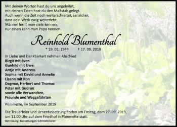 Traueranzeige von Reinhold Blumenthal  von Magdeburger Volksstimme