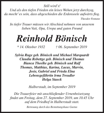 Traueranzeige von Reinhold Bönisch  von Magdeburger Volksstimme