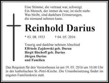 Traueranzeige von Reinhold Darius  von Magdeburger Volksstimme