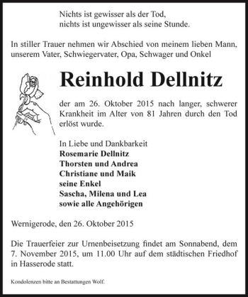 Traueranzeige von Reinhold Dellnitz  von Magdeburger Volksstimme