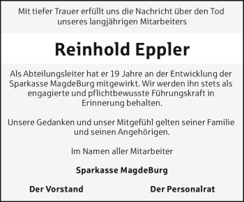 Traueranzeige von Reinhold Eppler  von Magdeburger Volksstimme