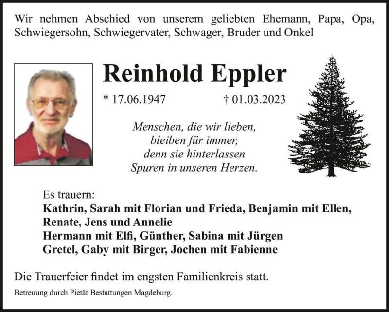  Traueranzeige für Reinhold Eppler  vom 11.03.2023 aus Magdeburger Volksstimme