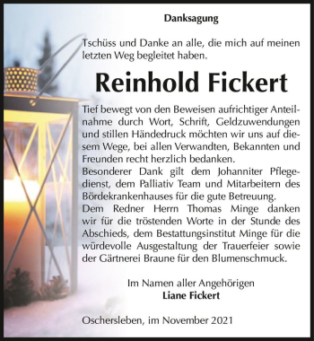 Traueranzeige von Reinhold Fickert  von Magdeburger Volksstimme