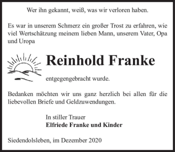 Traueranzeige von Reinhold Franke  von Magdeburger Volksstimme