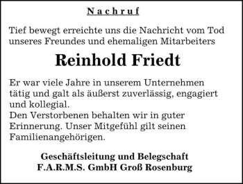 Traueranzeige von Reinhold Friedt  von Magdeburger Volksstimme
