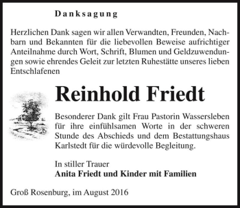 Traueranzeige von Reinhold Friedt  von Magdeburger Volksstimme