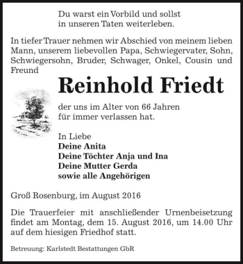 Traueranzeige von Reinhold Friedt  von Magdeburger Volksstimme