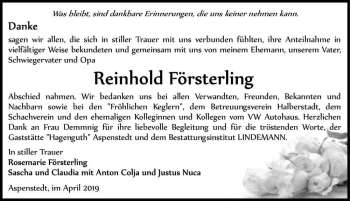 Traueranzeige von Reinhold Försterling  von Magdeburger Volksstimme