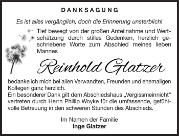 Traueranzeige von Reinhold Glatzer  von Magdeburger Volksstimme