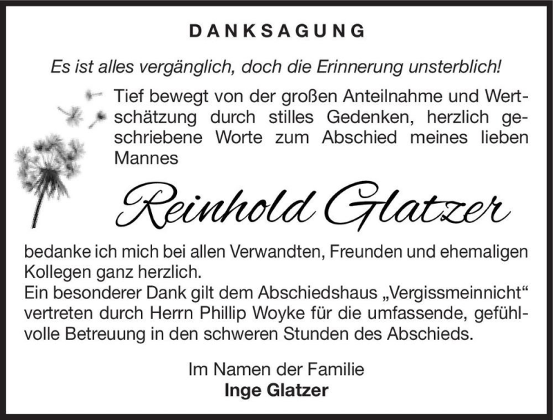  Traueranzeige für Reinhold Glatzer  vom 09.01.2021 aus Magdeburger Volksstimme