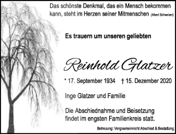 Traueranzeige von Reinhold Glatzer  von Magdeburger Volksstimme