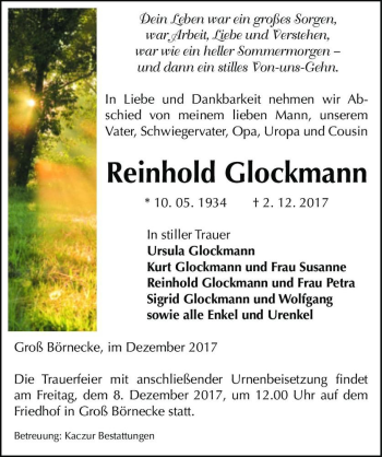 Traueranzeige von Reinhold Glockmann  von Magdeburger Volksstimme