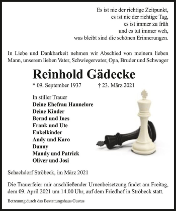Traueranzeige von Reinhold Gädecke  von Magdeburger Volksstimme