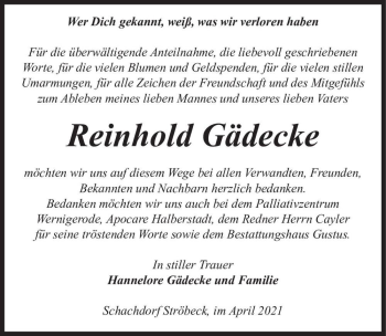 Traueranzeige von Reinhold Gädecke  von Magdeburger Volksstimme