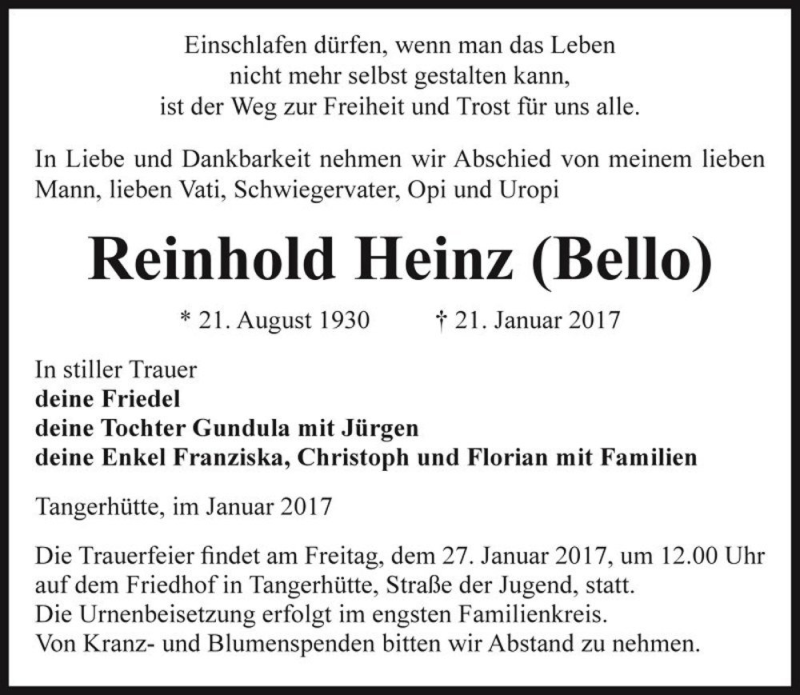  Traueranzeige für Reinhold Heinz (Bello)  vom 24.01.2017 aus Magdeburger Volksstimme