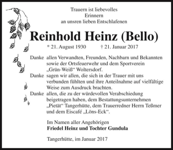 Traueranzeige von Reinhold Heinz (Bello)  von Magdeburger Volksstimme
