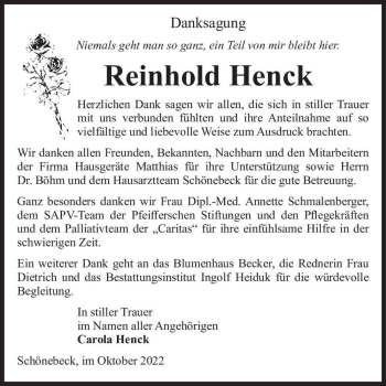 Traueranzeige von Reinhold Henck  von Magdeburger Volksstimme