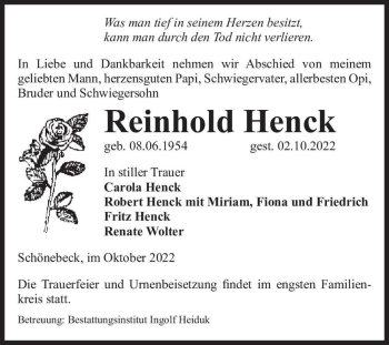 Traueranzeige von Reinhold Henck  von Magdeburger Volksstimme