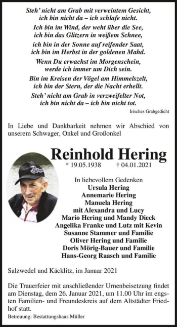 Traueranzeige von Reinhold Hering  von Magdeburger Volksstimme
