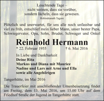 Traueranzeige von Reinhold Hermann  von Magdeburger Volksstimme