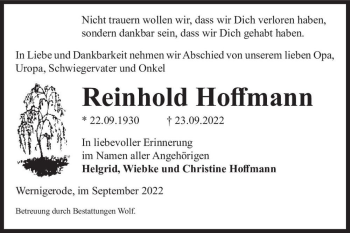 Traueranzeige von Reinhold Hoffmann  von Magdeburger Volksstimme