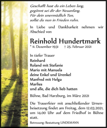 Traueranzeige von Reinhold Hundermark  von Magdeburger Volksstimme