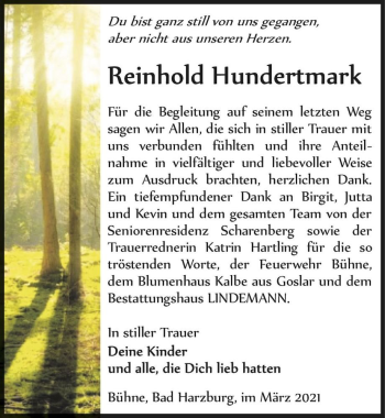 Traueranzeige von Reinhold Hundertmark  von Magdeburger Volksstimme