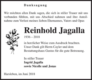 Traueranzeige von Reinhold Jagalla  von Magdeburger Volksstimme